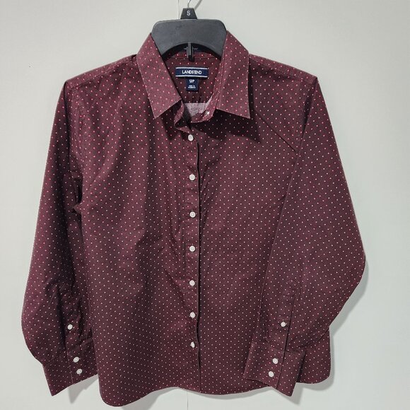 Lands' End Purple Pink Polka Dot Button Down Long Sleeve Oxford Shirt Size 12P - Picture 1 of 6